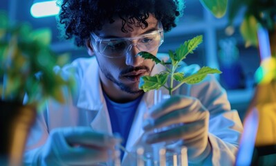 Wall Mural - A young male scientist working in the laboratory with a plant seedling, using a test tube for biotechnology experiments. The scene is set