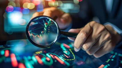 Aufkleber - A stock market analyst analyzing trends and patterns on a stock market graph using a magnifying glass