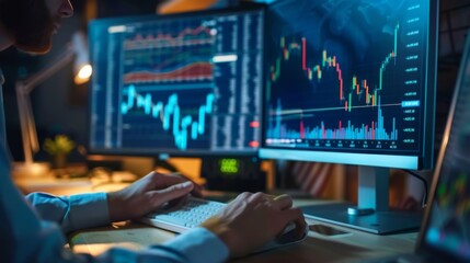 Aufkleber - A stock market analyst conducting research and analysis on stock market graphs and charts using a desktop computer