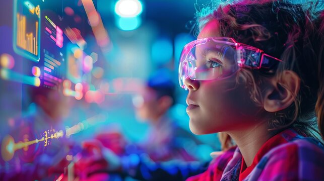 a focused child wearing vr glasses explores a vibrant digital environment, highlighting education te