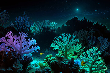 Bioluminescent reef and fish illuminate the abyss, creating an ethereal and otherworldly underwater scene.