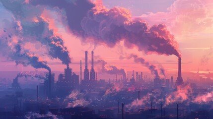 Wall Mural - Smokestacks emitting pollutants into the atmosphere, contributing to the greenhouse effect and global warming