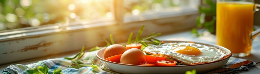 Wall Mural -  A nutritious breakfast with sunny-side up egg, vegetables, and orange juice.