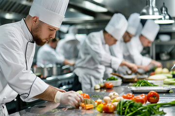 Wall Mural - Chefs in professional kitchen preparing gourmet dishes, focused on culinary excellence and teamwork, vibrant array of fresh ingredients