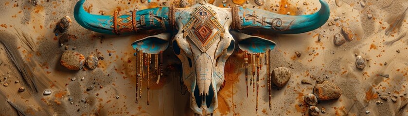 A mystical bovine skull adorned with tribal designs 