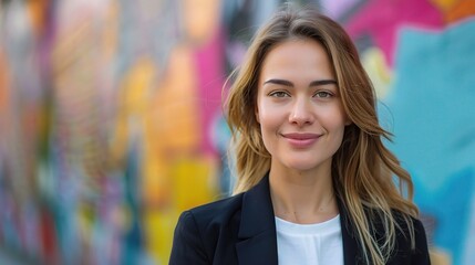 Wall Mural - Young professional woman in a sleek black blazer, smiling confidently, with a colorful cityscape background