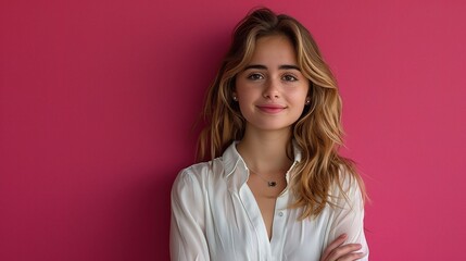 Wall Mural - Young professional woman with a cheerful expression, posed against a vivid pink background