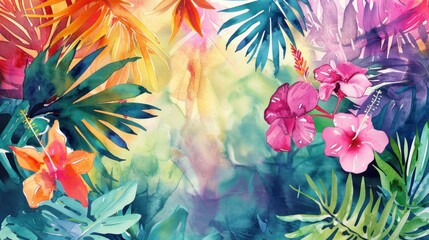 Sticker - Modern colorful tropical floral pattern. Cute botanical abstract contemporary pattern wallpaper