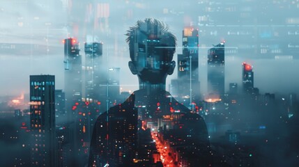 A man's silhouetted profile layered with a futuristic cityscape 