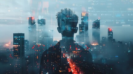 Wall Mural - A man's silhouetted profile layered with a futuristic cityscape 