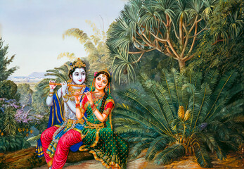 Indian God Radha Krishna With Forest Landscape background , temple room wallpaper.