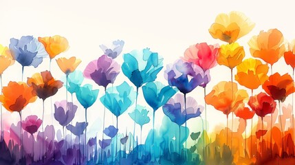 Wall Mural - A painting of a field of flowers with a rainbow of colors. The flowers are arranged in a row, with some of them being taller than others. The painting conveys a sense of joy and happiness