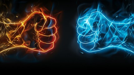 A dark background with two flames, one red and the other blue.