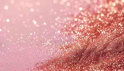 Light pink minimalistic festive glamorous background with scattered metal glitter in delicate pastel colors. Golden pink sparkles on pink background. Festive background, glamorous pink background.