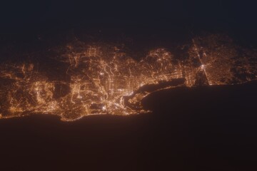 Wall Mural - Aerial shot on San Diego (California, USA) at night, view from west. Imitation of satellite view on modern city with street lights and glow effect. 3d render
