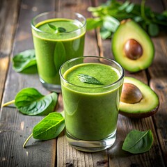 Fresh green avocado smoothie in a glass with basil leaves on a rustic wooden table