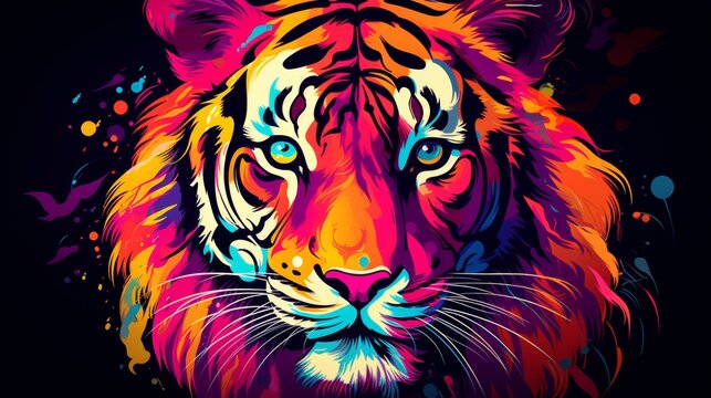 Portrait of tiger. Bright multicolored illustration. Neon tiger on a dark background. Colorful animal face
