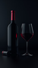 Wall Mural - Glass with red wine and bottle next to it on a black background