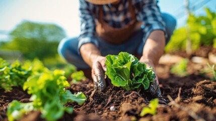 A clean farmer using natural compost in an organic vegetable garden under a bright sky