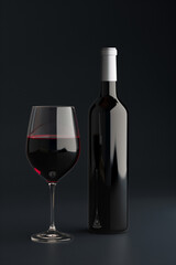 Wall Mural - Glass with red wine and bottle next to it on a black background