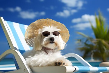 Wall Mural - Maltese dog wearing sunglasses and a sun hat, lounging on a deck chair by a swimming pool on a sunny day