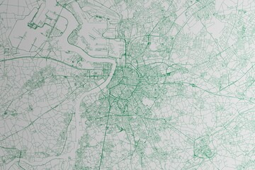 Canvas Print - Map of the streets of Antwerp (Belgium) made with green lines on white paper. 3d render, illustration
