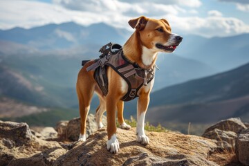 Poster - A mixed-breed dog wearing a harness for outdoor activities, standing on a hiking trail with mountains in the background