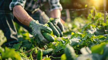 A neat and tidy farmer harvesting organic cucumbers in a sunny vegetable patch