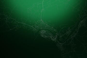 Wall Mural - Street map of Parnu (Estonia) engraved on green metal background. Light is coming from top. 3d render, illustration
