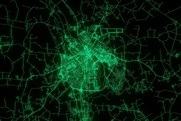 Canvas Print - Map of the streets of Tartu (Estonia) made with green illumination and glow effect. Top view on roads network. 3d render, illustration