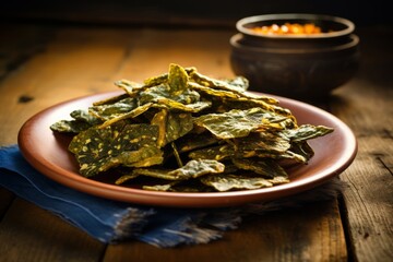 A plate of kelp chips as a healthy snack option on a wooden table