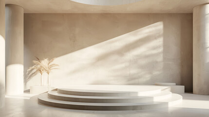 Wall Mural - Abstract architecture background, empty white interior with shadow on the wall. Podium with an arch and a sun,abstract background Punch a round hole decorated with the shadow of Monstera
