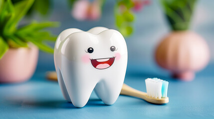 Cartoon funny tooth with a smile on a blue background with a wooden toothbrush lying next to it. Pediatric dentistry concept, dental care. Copy space