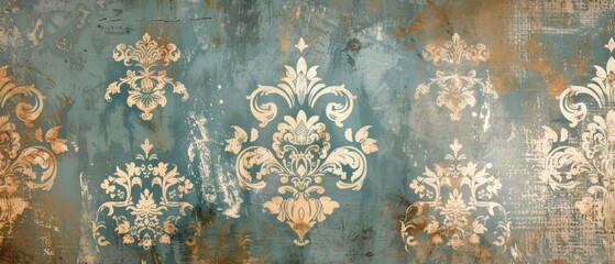 Aufkleber - Old blue white rusty vintage worn shabby damask patchwork motif tiles stone concrete cement wall wallpaper texture background banner