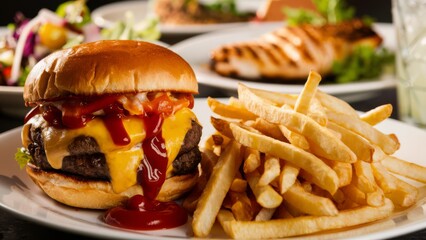 Poster - A plate of a cheeseburger and fries on the table, AI