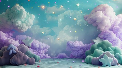 Wall Mural - A dreamy bedroom setting with a mural of soft violet and teal clouds, interspersed with twinkling colorful stars on the back wall, framed by two clusters of cute fluffy clouds.