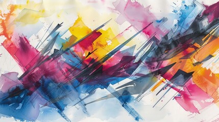 A dynamic abstract watercolor painting on paper, with sharp, angular lines and bright contrasting colors that suggest a modern, urban vibe.
