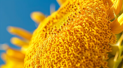 Wall Mural - A close-up of a sunflower field in full bloom, with the vibrant yellow petals contrasting against a bright blue sky