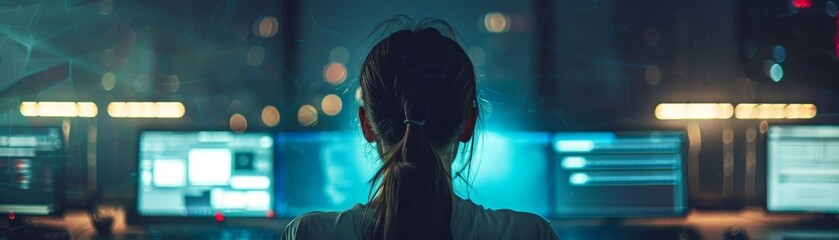 Technology Concept : A female programmer in dark room