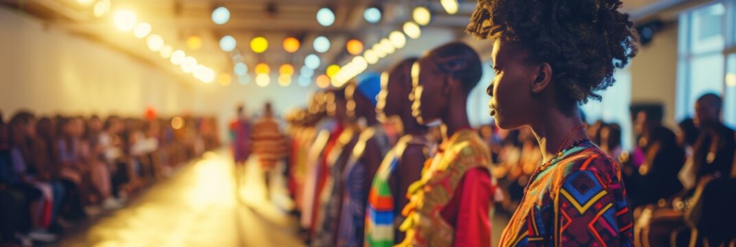 Models showcase African-inspired clothing on a runway. AI.