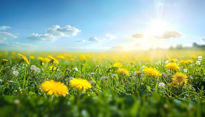 Wall Mural - Meadow field with beautiful fresh grass and yellow dandelion flowers in nature against a blurry blue sky with clouds. Summer spring natural landscape, scenic countryside view, vibrant floral scenery.