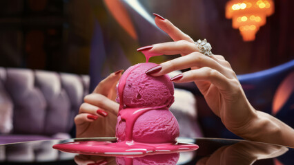 Wall Mural - A woman's hands are touching a melting pink ice cream balls, AI