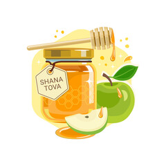 Rosh Hashanah greeting design with symbols of Jewish New Year honey jar and apples. Shana Tova - Happy New Year in Hebrew. Vector illustration