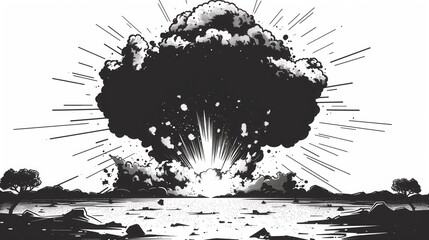 Black and white drawing depicting a mushroom cloud explosion