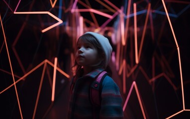 full shot of a little girl surrounded by neon lines and geometric symbols 