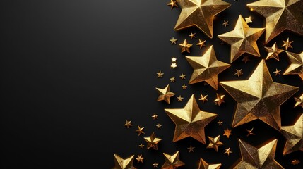 Wall Mural - A sleek and modern background featuring shiny golden stars arranged in a random pattern on a pure black background, emphasizing their brightness and sparkle.