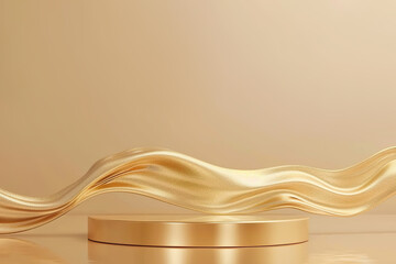 Wall Mural - Luxurious gold toned podium featuring fluid, wave like curves. Ideal for highlighting premium goods in a graceful and sophisticated manner. Empty scene. Stage, display, showcase.