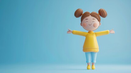 Wall Mural - Cheerful 3D cartoon girl figure with pigtails, in yellow sweater, stands with arms outstretched against a blue background. Bright and playful. 3D Illustration.