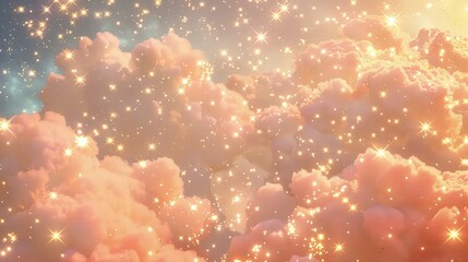 Wall Mural - a backdrop of glinting stars and artificial clouds against a backdrop of soft coral, creating a warm