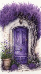 Sticker - Illustration of purple door architecture lavender flower.